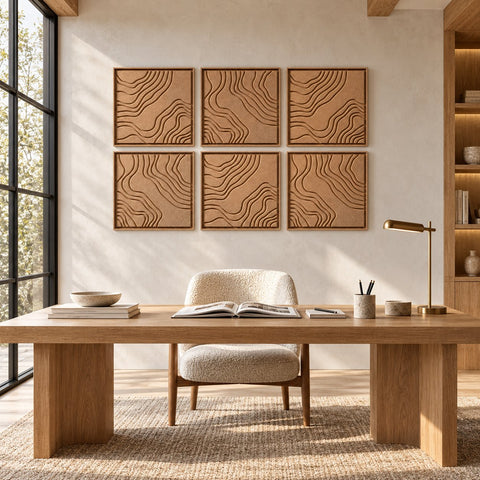 Interior with FeltArt 'Naturale' set of 6 panels in the color soft dune, 60x60, second view.