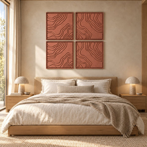 Interior with FeltArt 'Naturale' set of 4 panels in the color terra bloom, 60x60, second view.