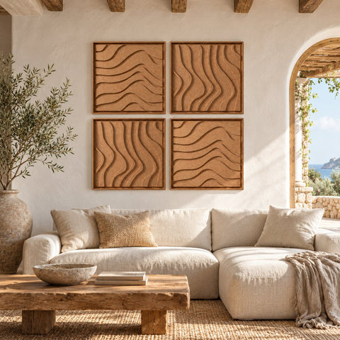 Interior with FeltArt 'Oasis' set of 4 panels in the color soft dune, 60x60.