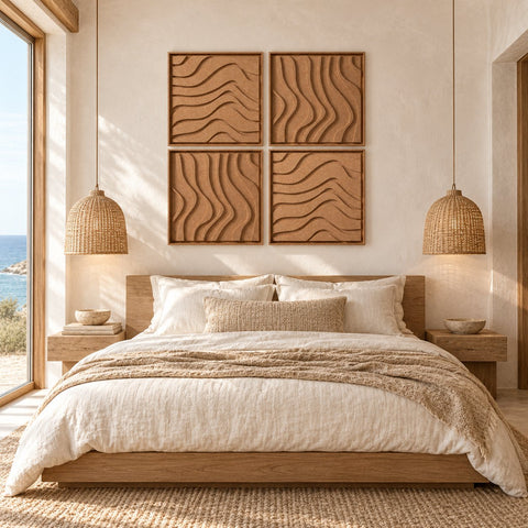 Interior with FeltArt 'Oasis' set of 4 panels in the color soft dune, 60x60, second view.