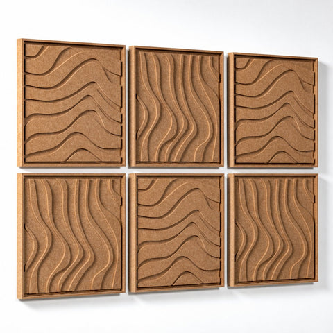 Side view of FeltArt 'Oasis' set of 6 panels in the color soft dune, 60x60.