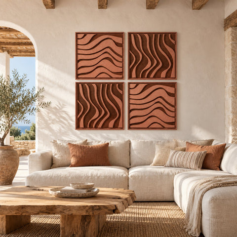 Interior with FeltArt 'Oasis' set of 4 panels in the color terra bloom, 60x60.