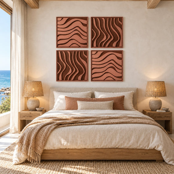 Interior with FeltArt 'Oasis' set of 4 panels in the color terra bloom, 60x60, second view.