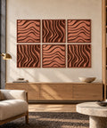 Interior with FeltArt 'Oasis' set of 6 panels in the color terra bloom, 60x60, second view.