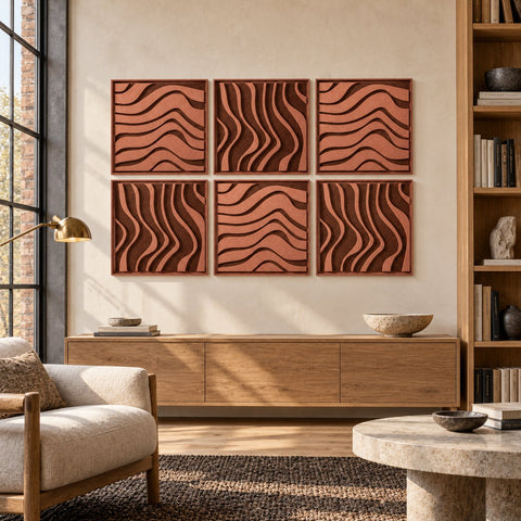 Interior with FeltArt 'Oasis' set of 6 panels in the color terra bloom, 60x60, second view.