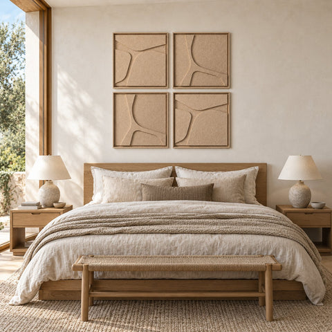 Interior with FeltArt 'Serene' set of 4 panels in the color pale sand, 60x60, second view.