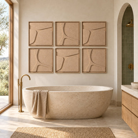 Interior with FeltArt 'Serene' set of 6 panels in the color pale sand, 60x60.