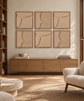 Interior with FeltArt 'Serene' set of 6 panels in the color pale sand, 60x60, second view.