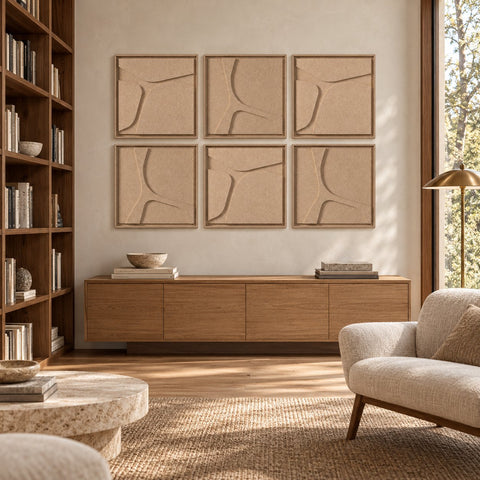 Interior with FeltArt 'Serene' set of 6 panels in the color pale sand, 60x60, second view.