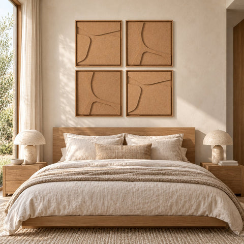 Interior with FeltArt 'Serene' set of 4 panels in the color soft dune, 60x60, second view.
