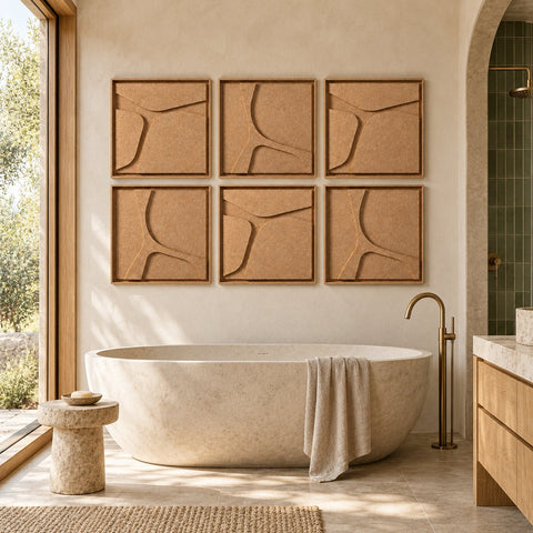 Interior with FeltArt 'Serene' set of 6 panels in the color soft dune, 60x60, second view.