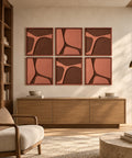Interior with FeltArt 'Serene' set of 6 panels in the color terra bloom, 60x60, second view.