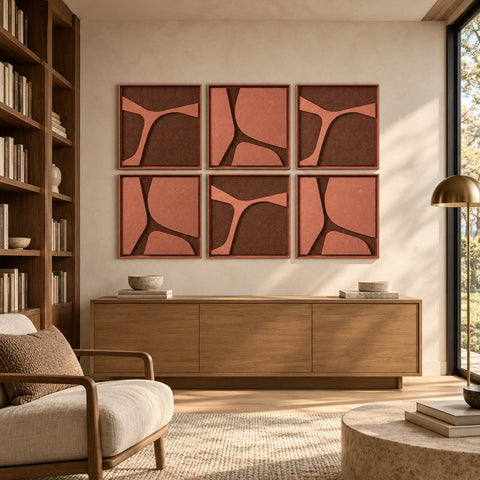 Interior with FeltArt 'Serene' set of 6 panels in the color terra bloom, 60x60, second view.